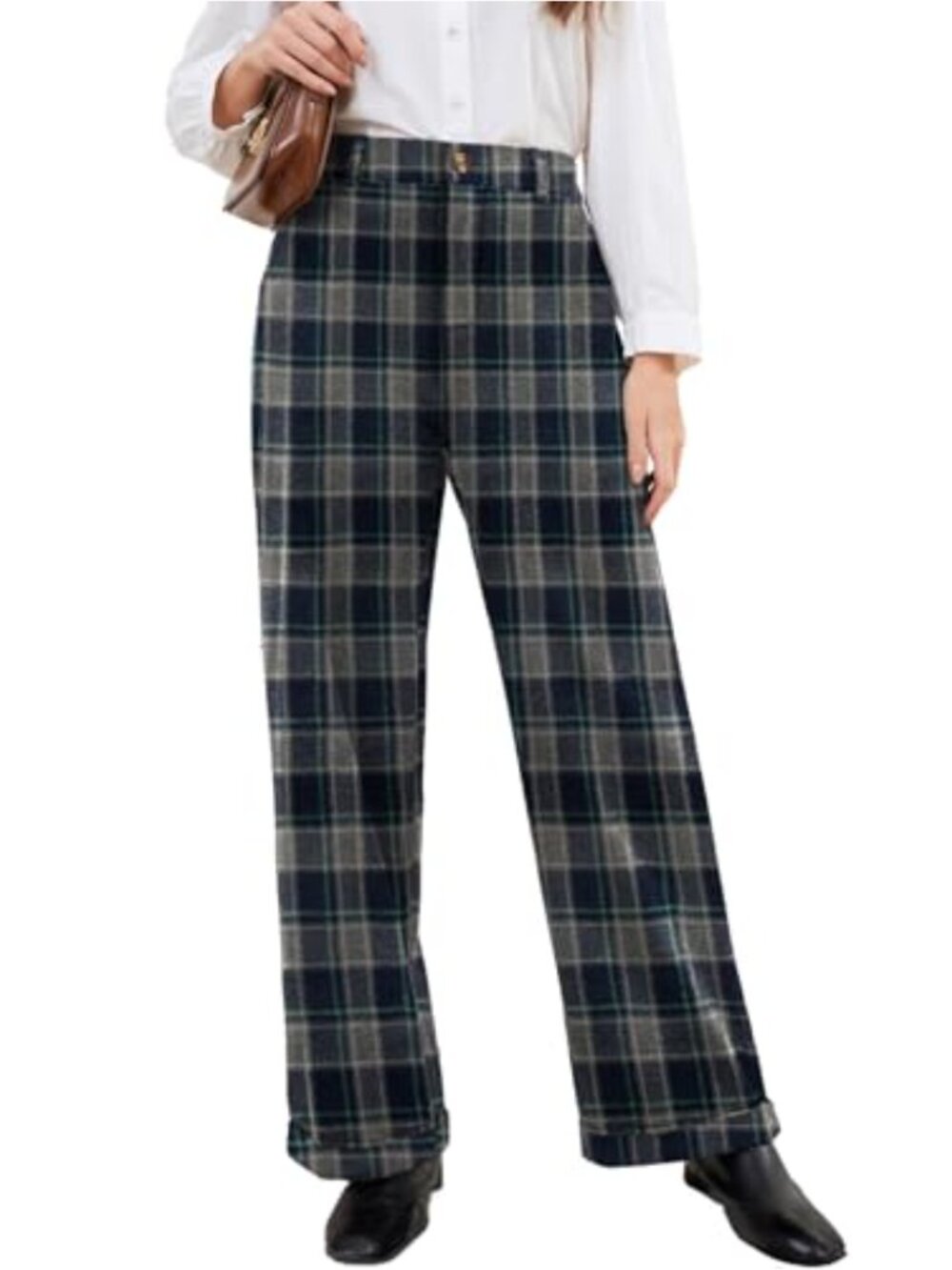 Women Stretchy Plaid High Waisted Wide Leg Dress Pants Trousers